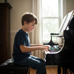 young boy playing piano after starting Sugar Land piano lessons